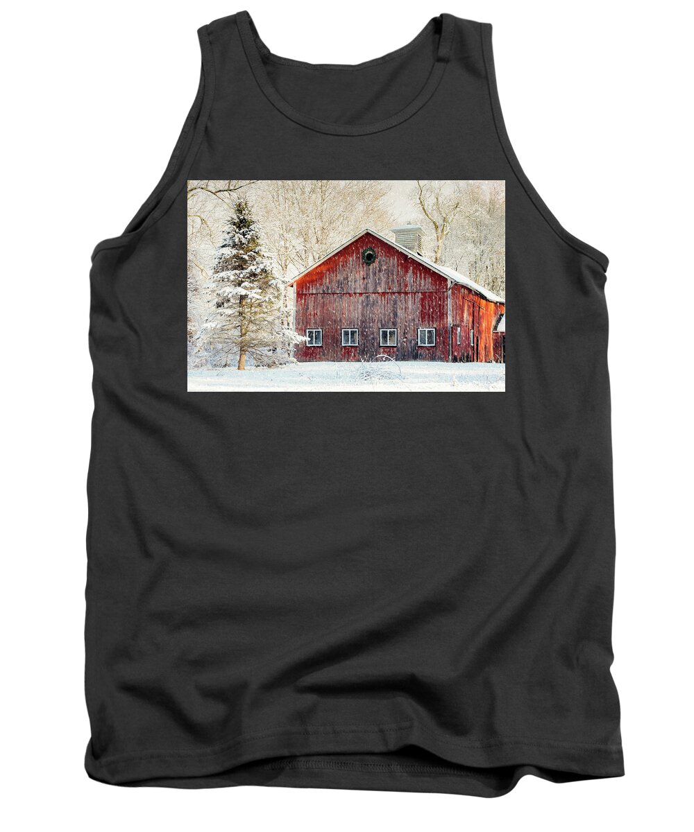 Red Tank Top featuring the photograph Winter Barn by Denise Kopko