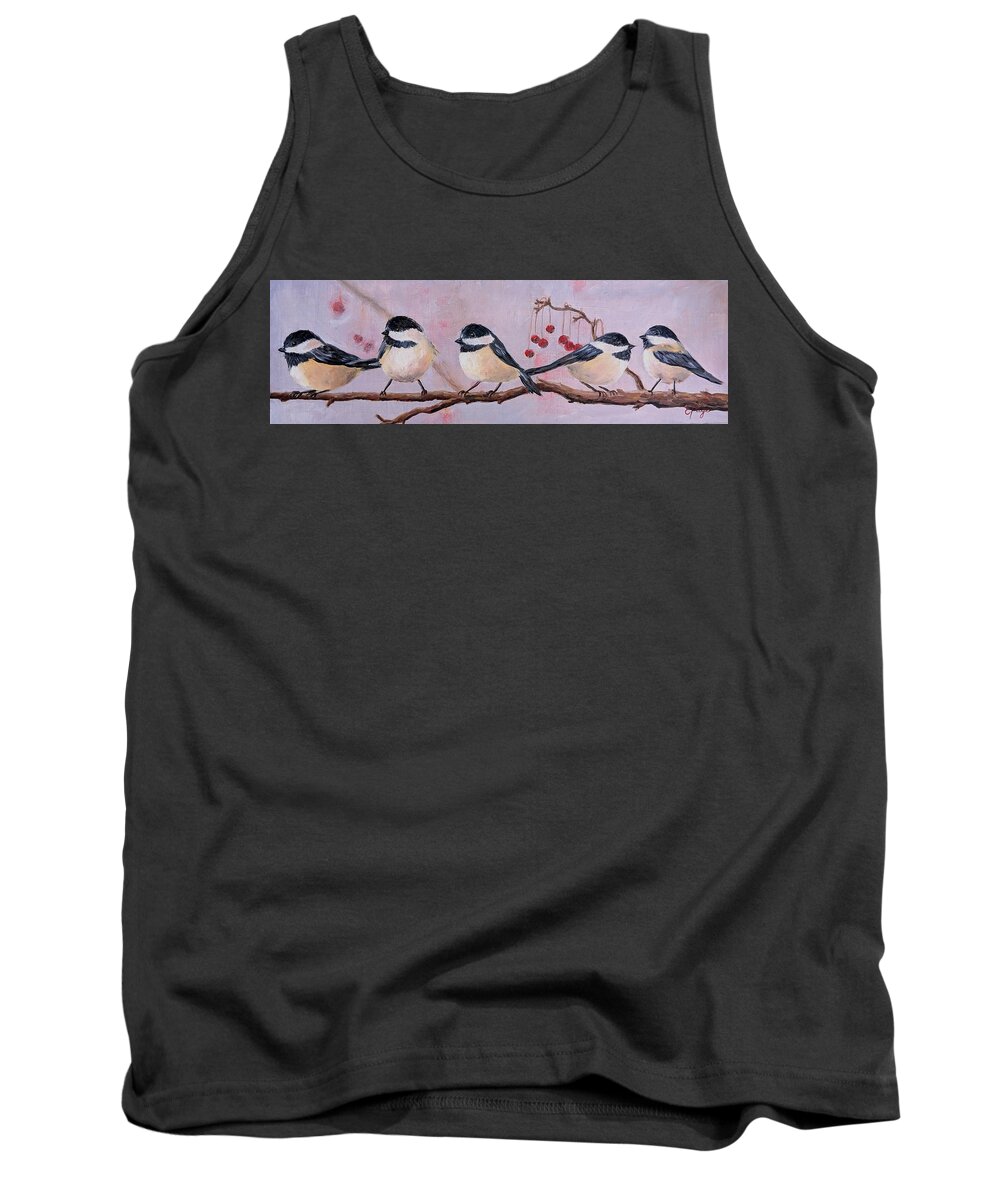 Chickadee Tank Top featuring the painting Winter Berry Chickadees by Emily Page