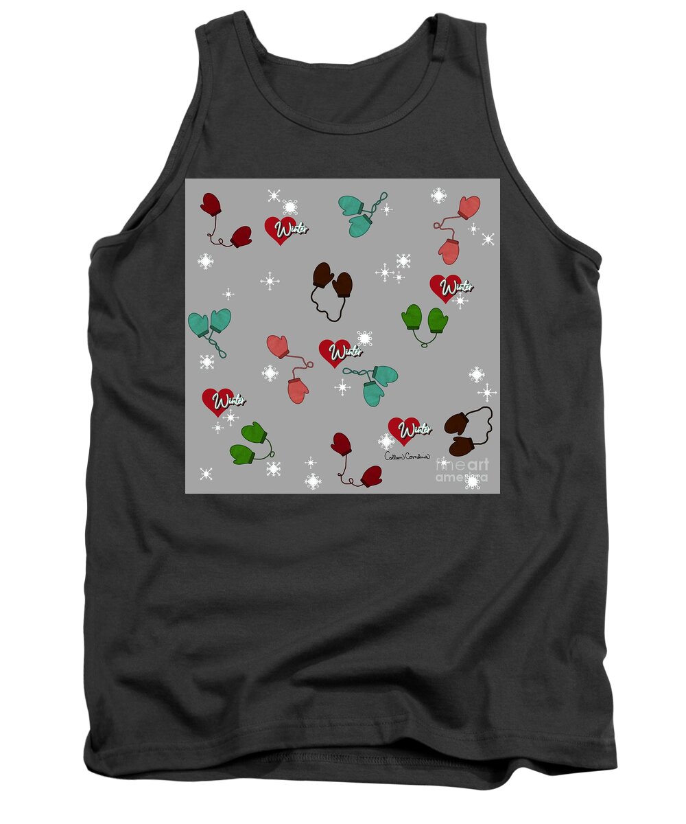 Mittens Tank Top featuring the digital art Winter Love Mittens and Snowflake Pattern on Steel Gray by Colleen Cornelius