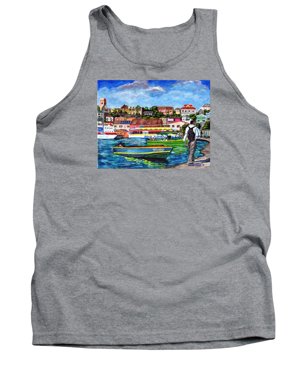 Grenada Tank Top featuring the painting A Stroll On The Carenage by Laura Forde