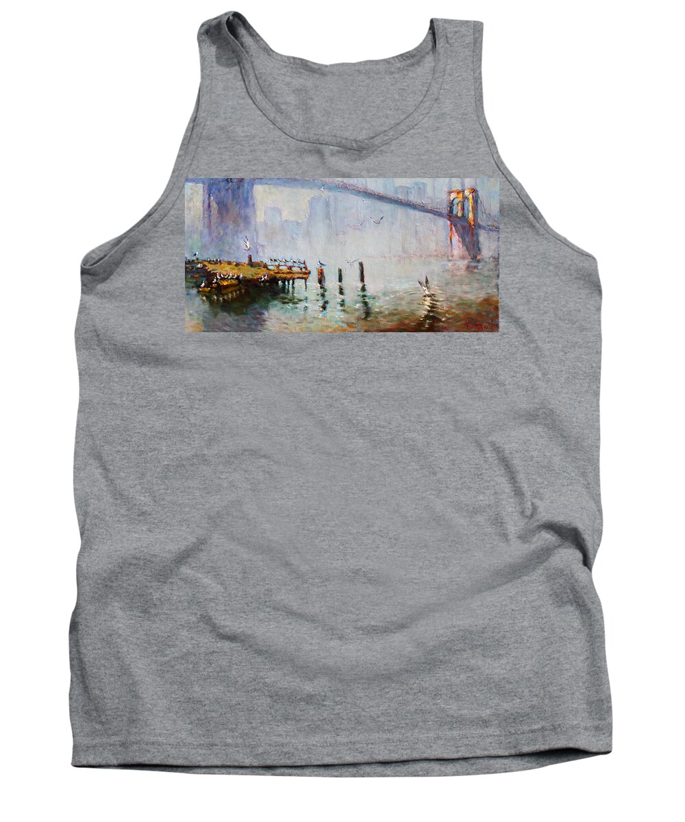 Brooklyn Bridge Tank Top featuring the painting Brooklyn Bridge in a Foggy Morning  #1 by Ylli Haruni