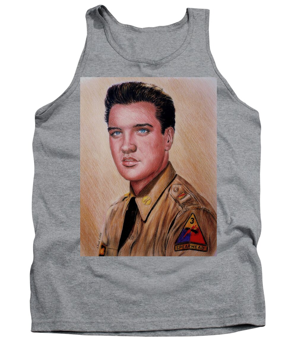 Elvis Presley Tank Top featuring the drawing G I Elvis #1 by Andrew Read