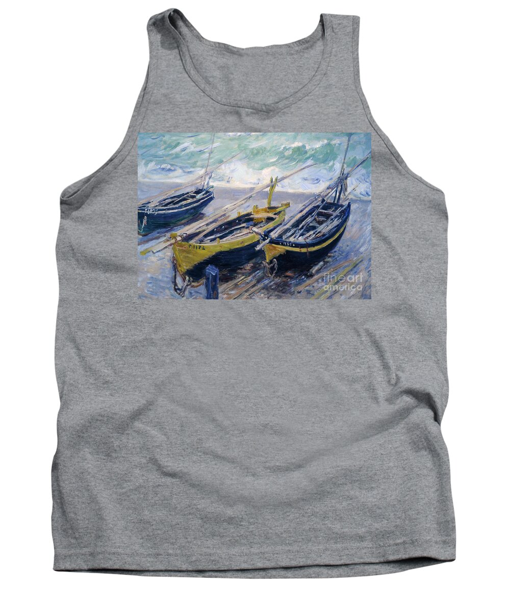 French Tank Top featuring the painting Three Fishing Boats by Claude Monet