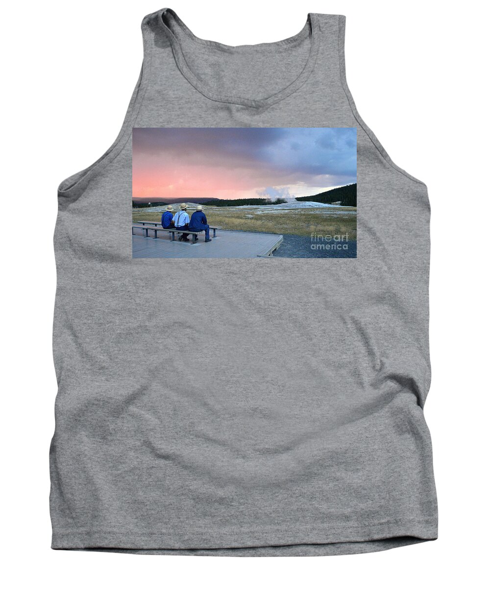 Old Faithful Tank Top featuring the photograph Waiting for Old Faithful Geyser at Sunset by Catherine Sherman