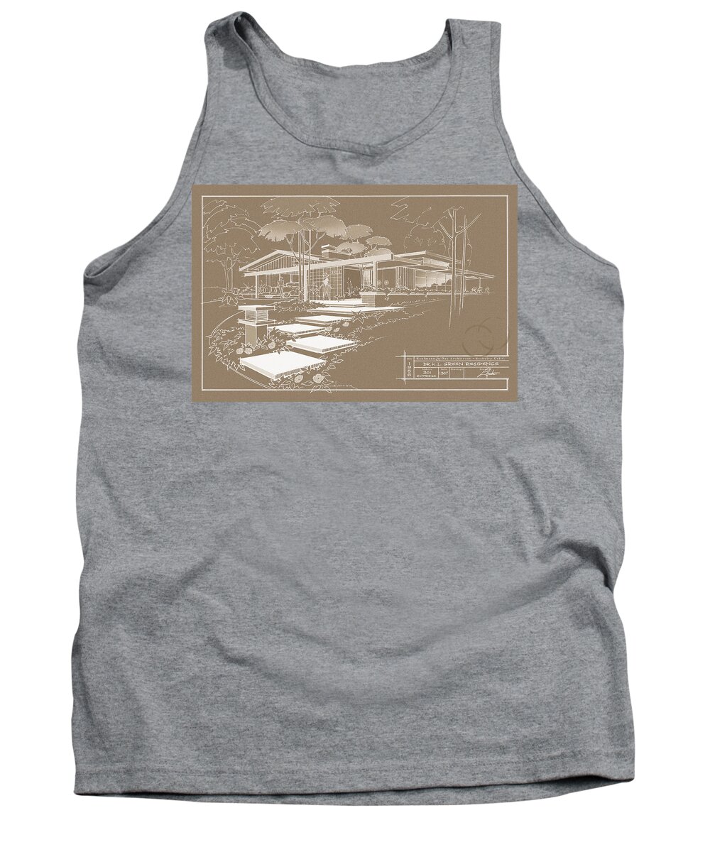 Mid Century Tank Top featuring the drawing 301 Cypress Drive - Sepia by Larry Hunter