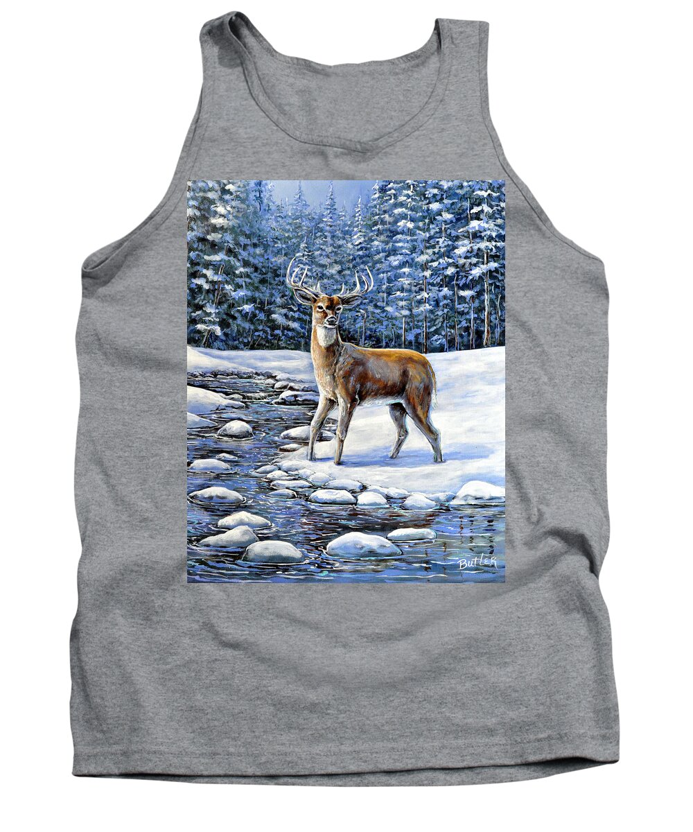 Nature Animal Deer Landscape Forest Winter Snow Pine Stream Blue Green Tank Top featuring the painting A Cold Drink by Gail Butler