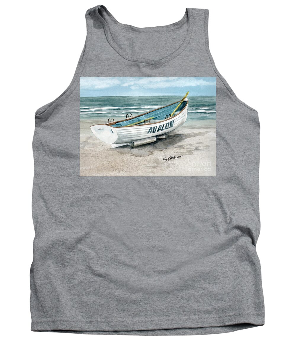 Lifeguard Boat Tank Top featuring the painting Avalon Lifeguard Boat by Nancy Patterson