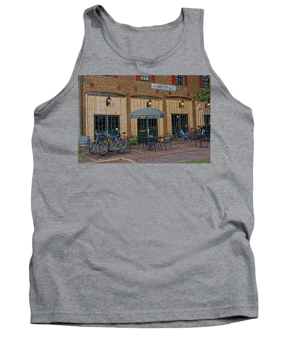 Bike Rental Tank Top featuring the photograph Bike Shop Cafe Katty Trail St Charles MO DSC00860 by Greg Kluempers