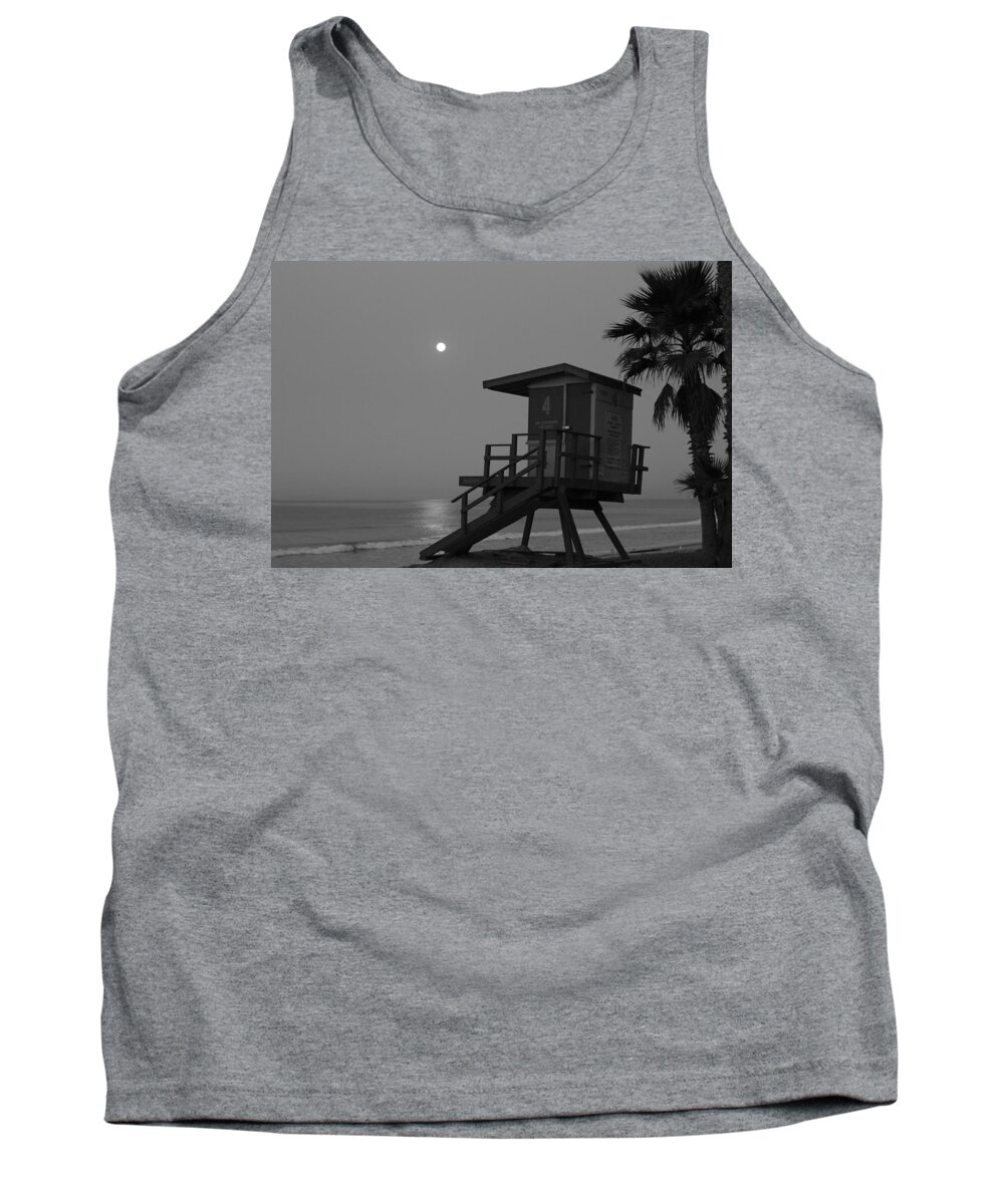 Moonrise Tank Top featuring the photograph Black and White Moon Over Lifeguard Tower by Richard Cheski