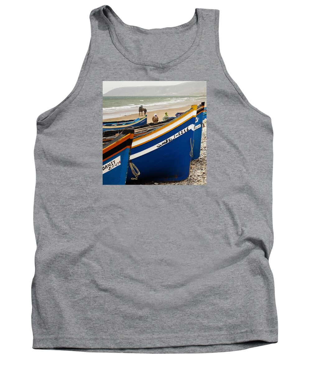 Boat Images Tank Top featuring the photograph Blue Boats and a Camel by David Davies