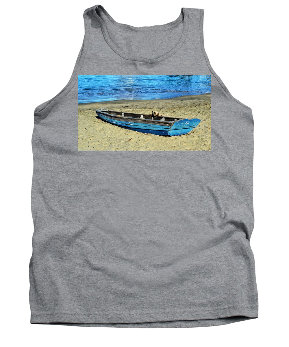 Deserted Tank Top featuring the photograph Blue Rowboat by Holly Blunkall