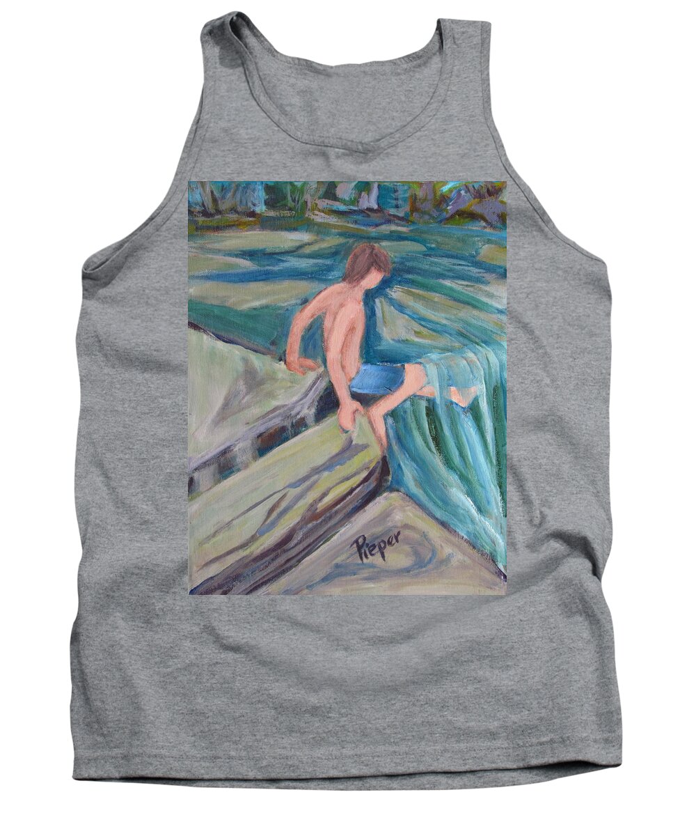Canajoharie Painting Tank Top featuring the painting Boy with Foot in Falls by Betty Pieper