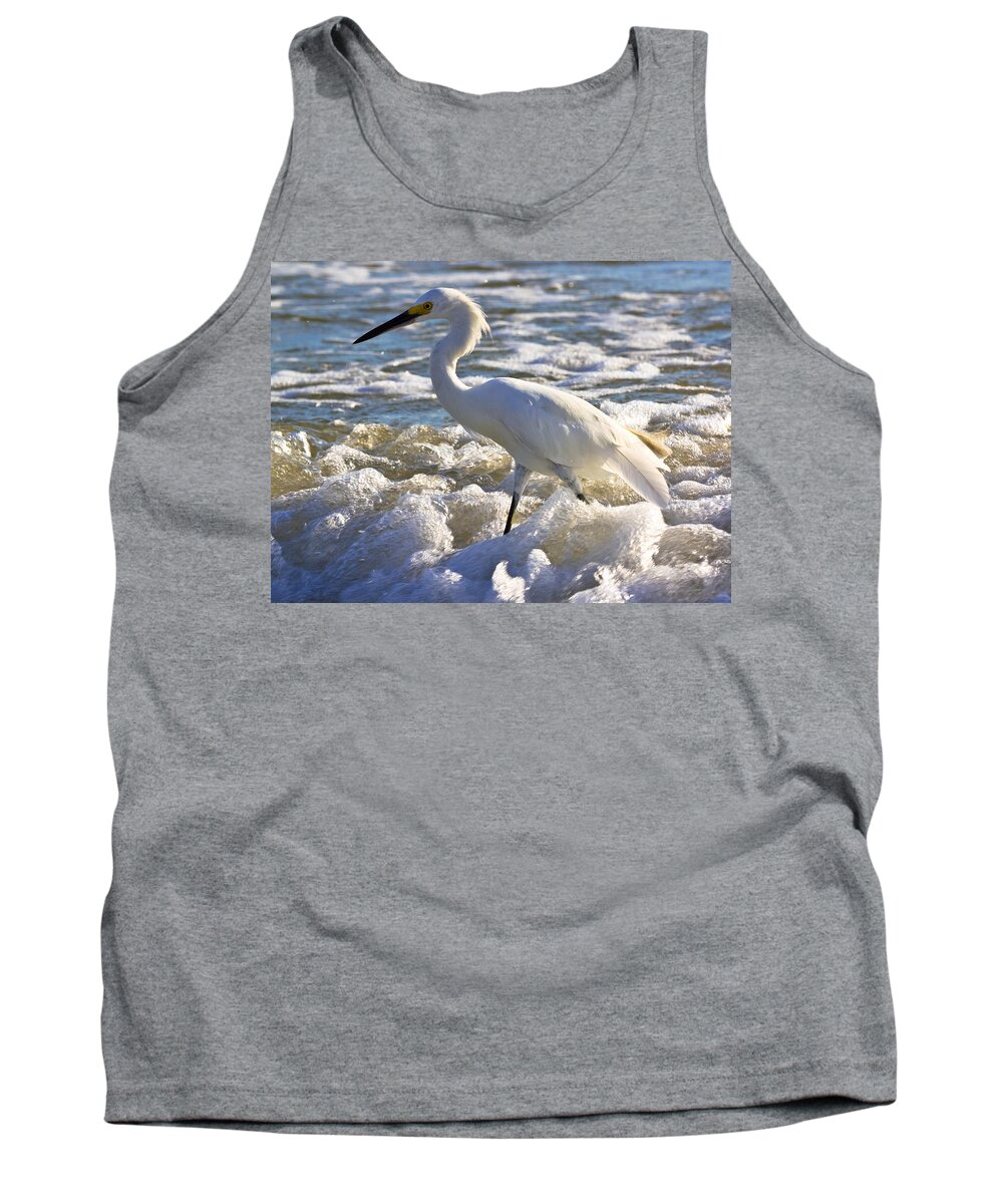 Beach Tank Top featuring the photograph Bubbles Around Snowy Egret by Ed Gleichman