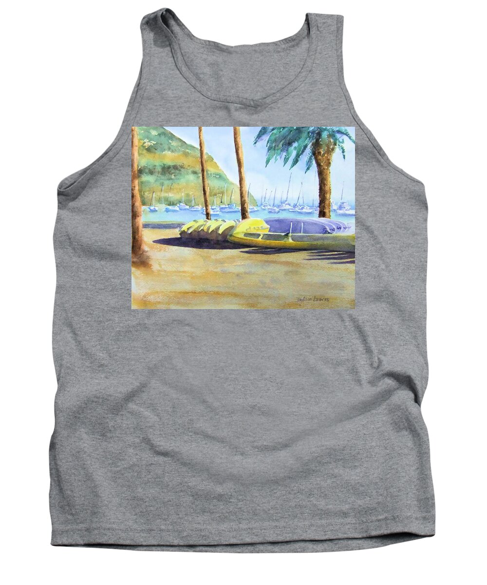 Canoes Tank Top featuring the painting Canoes and Surfboards in the Morning Light - Catalina by Debbie Lewis