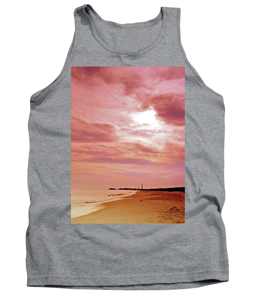 Sunset Tank Top featuring the photograph Cape May New Jersey Sunset with Lighthouse in the Distance by A Macarthur Gurmankin