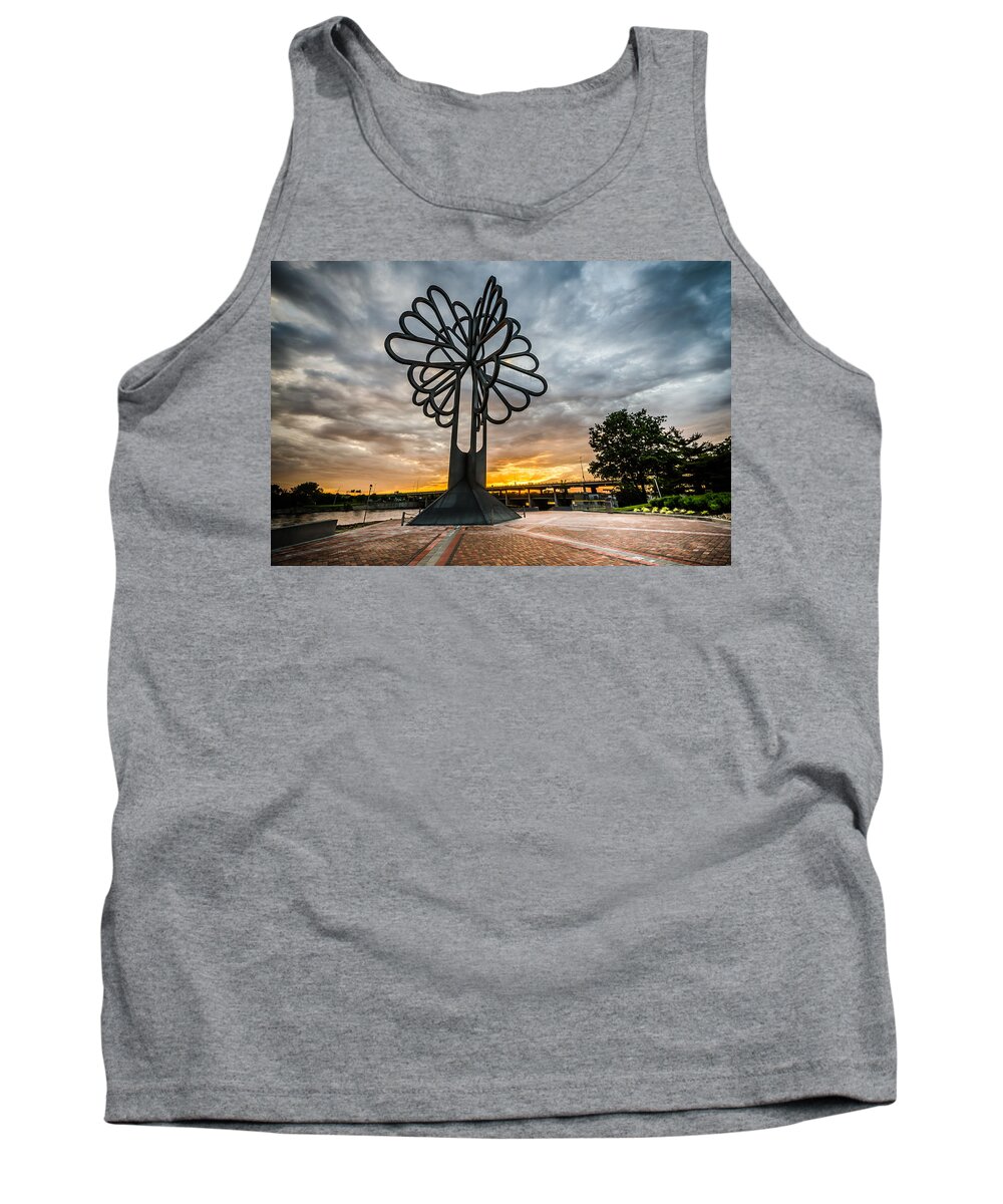 Cedar Rapids Tank Top featuring the photograph Cedar Rapids Five Seasons Tree at Sunset by Anthony Doudt