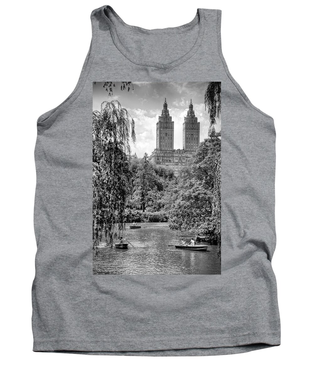 Central Park New York City Black White Boating Leisure Gray Grays Water Stone Cityscape Trees Photography Tank Top featuring the photograph Central Park by Paul Watkins