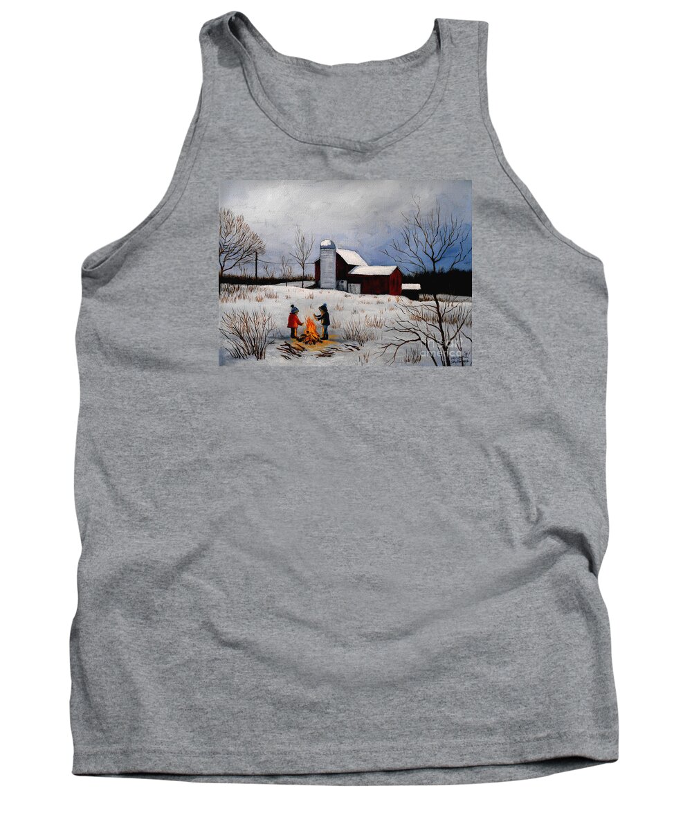 Farm Tank Top featuring the painting Children warming up by the fire by Christopher Shellhammer