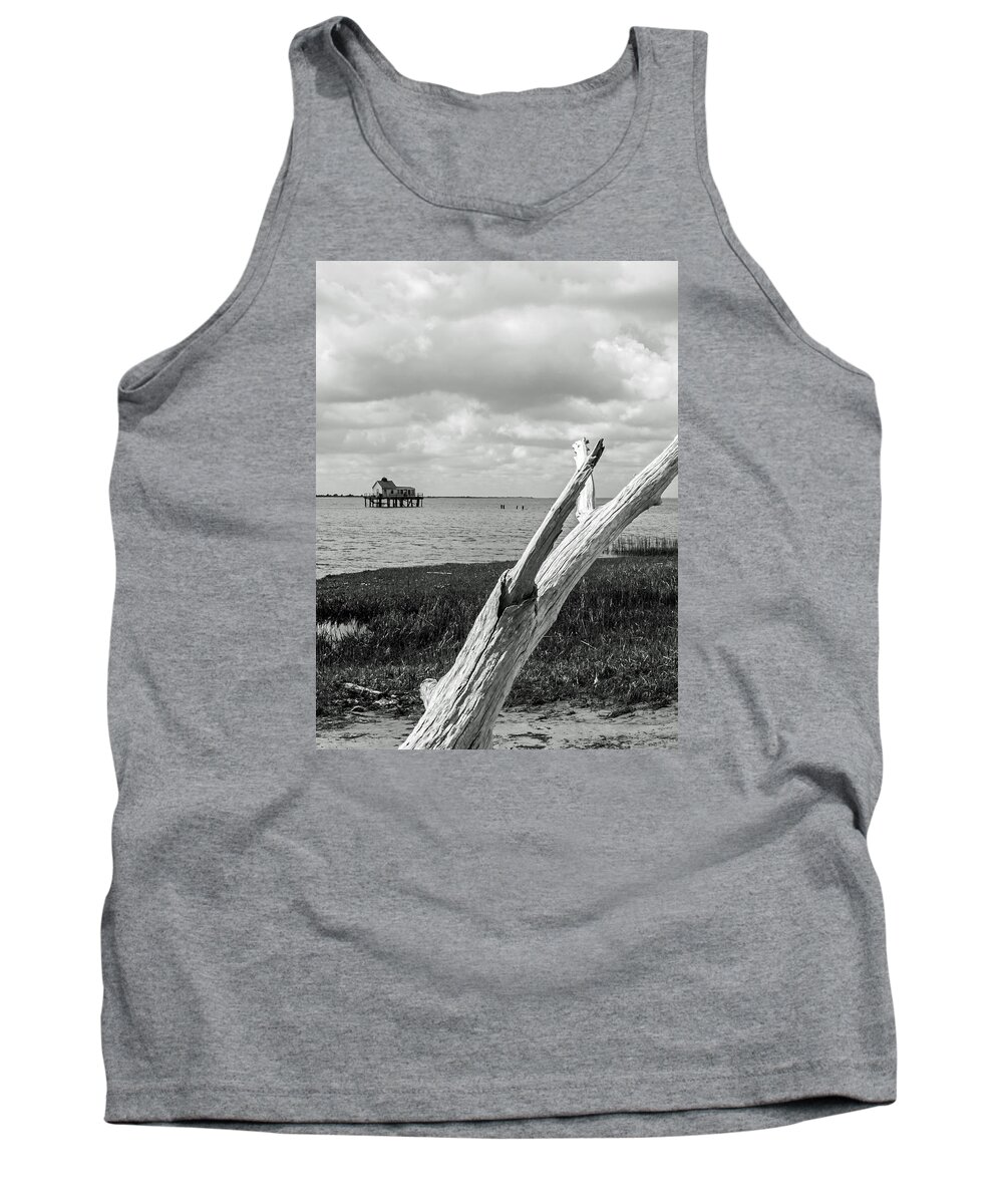 Assateague Tank Top featuring the photograph Chincoteague Oystershack BW Vertical by Photographic Arts And Design Studio