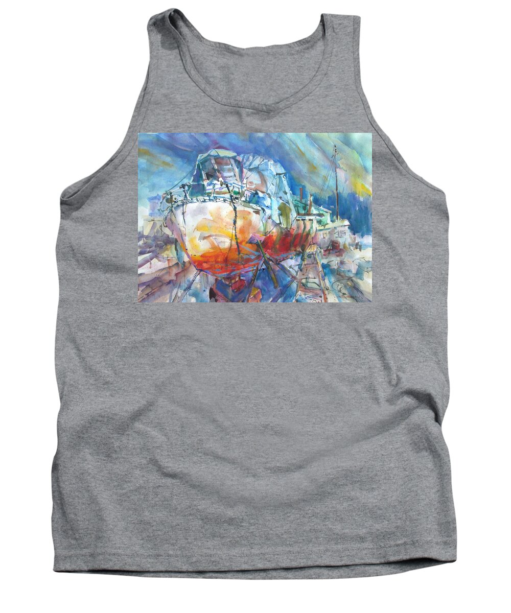 Boats On The Hard Tank Top featuring the painting Christo's Boat by Jackson Ordean