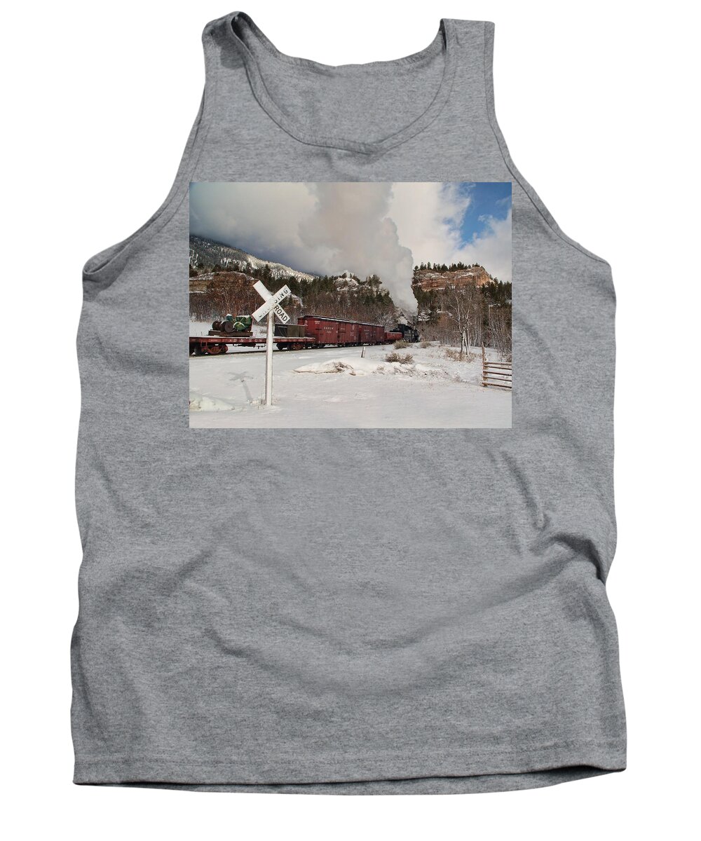 Steam Train Tank Top featuring the photograph Crossbucks and Steam by Ken Smith