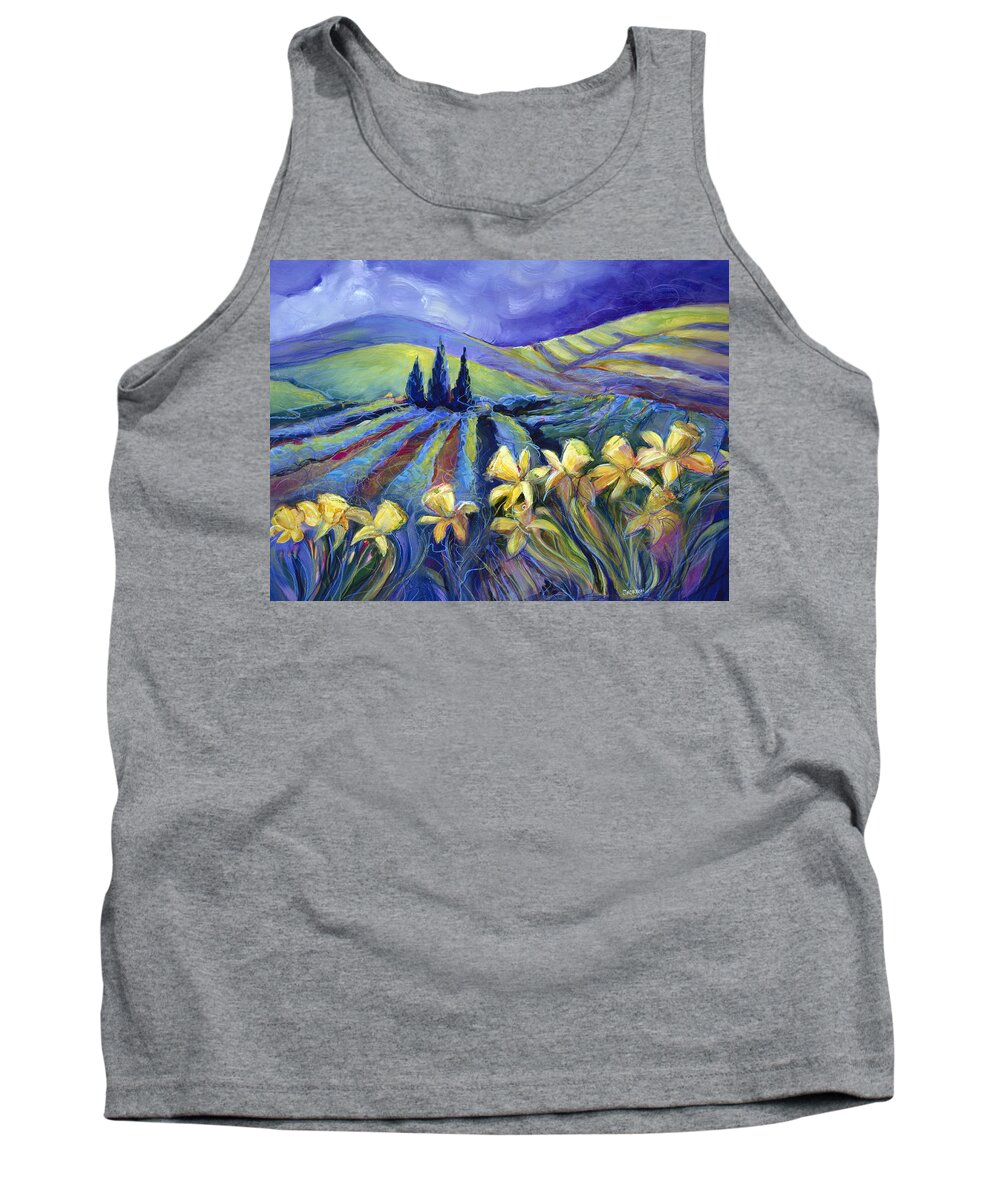 Jen Norton Tank Top featuring the painting Daffodils and Stormclouds by Jen Norton