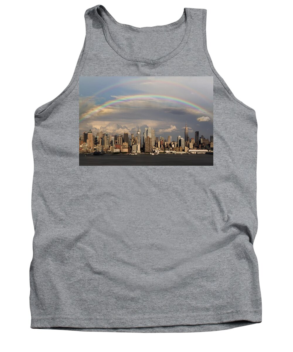 New York City Skyline Tank Top featuring the photograph Double Rainbow Over NYC by Susan Candelario