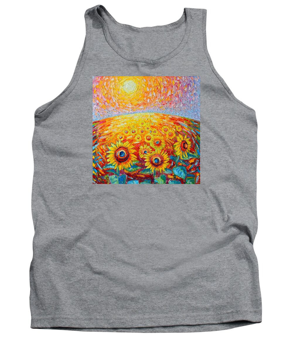 Sunflower Tank Top featuring the painting Fields Of Gold - Abstract Landscape With Sunflowers In Sunrise by Ana Maria Edulescu
