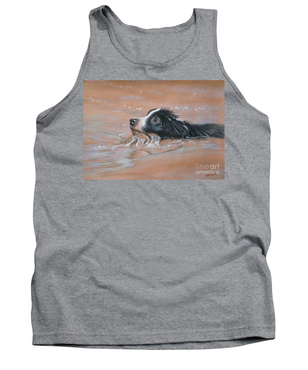 Dog Paintings Tank Top featuring the painting First swim by John Silver