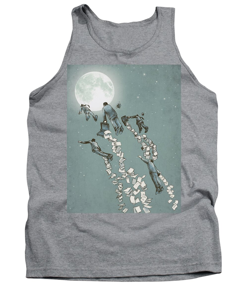 Moon Tank Top featuring the drawing Flight of the Salary Men by Eric Fan