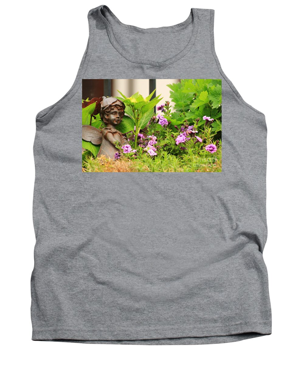 Angel Tank Top featuring the photograph Flower-bed mit an angel statue by Amanda Mohler
