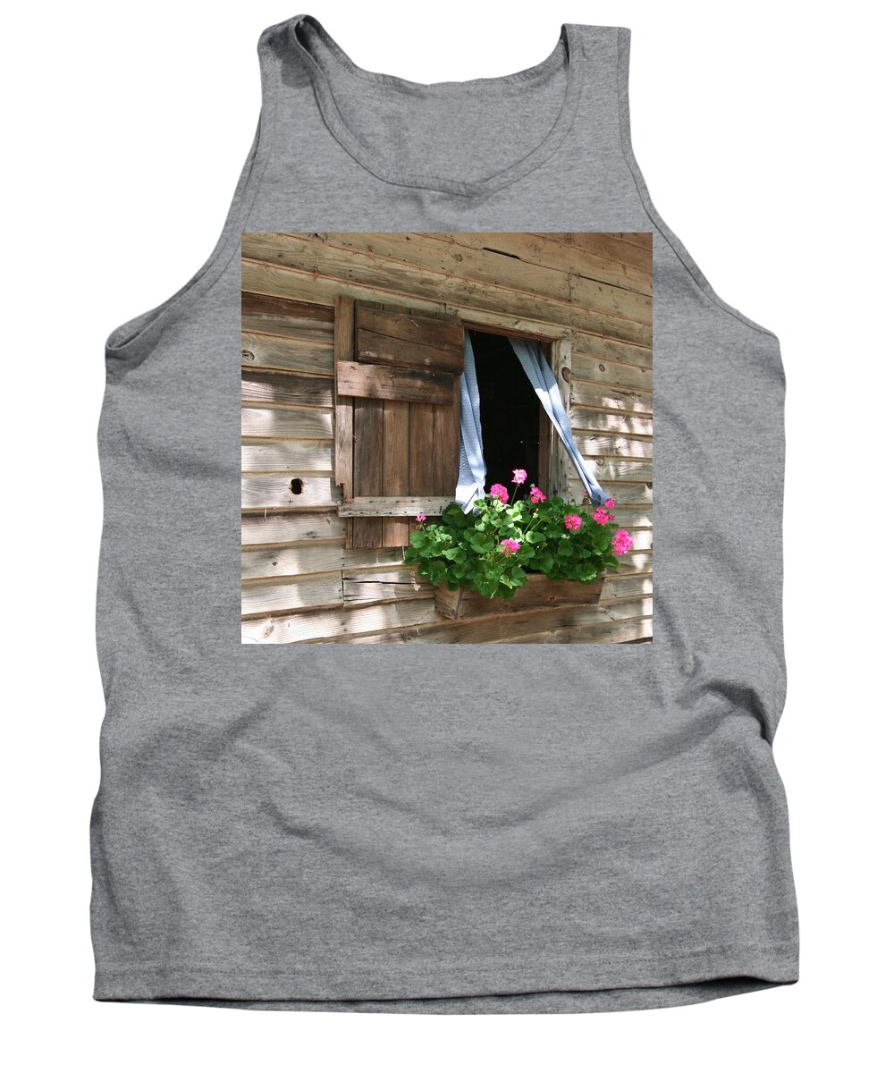 8033 Tank Top featuring the photograph Flower Box and Curtains - Square by Gordon Elwell