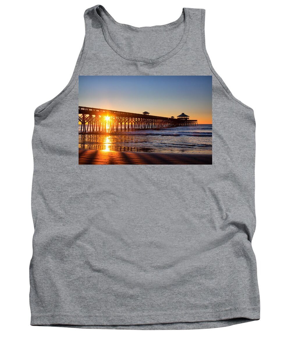 Ocean Tank Top featuring the photograph Folly Beach Pier at Sunrise by Lynne Jenkins