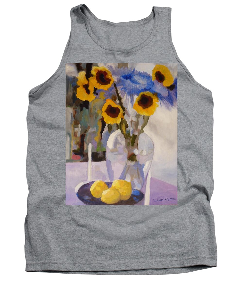Still Life Sunflowers Mums Glass Vase Tank Top featuring the painting Gifts of the Sun by Susan Duda