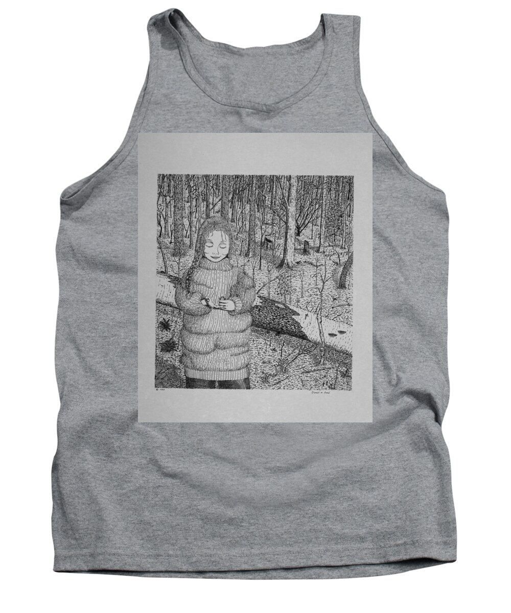 Girl Tank Top featuring the drawing Girl In The Forest by Daniel Reed
