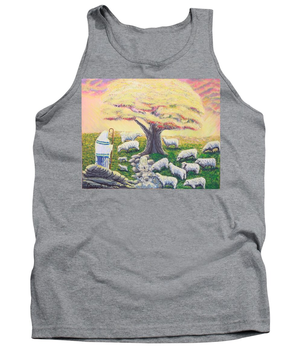  Landscape Of Jesus And Sheep Prints Tree Tank Top featuring the painting Green Pasture by Carey MacDonald