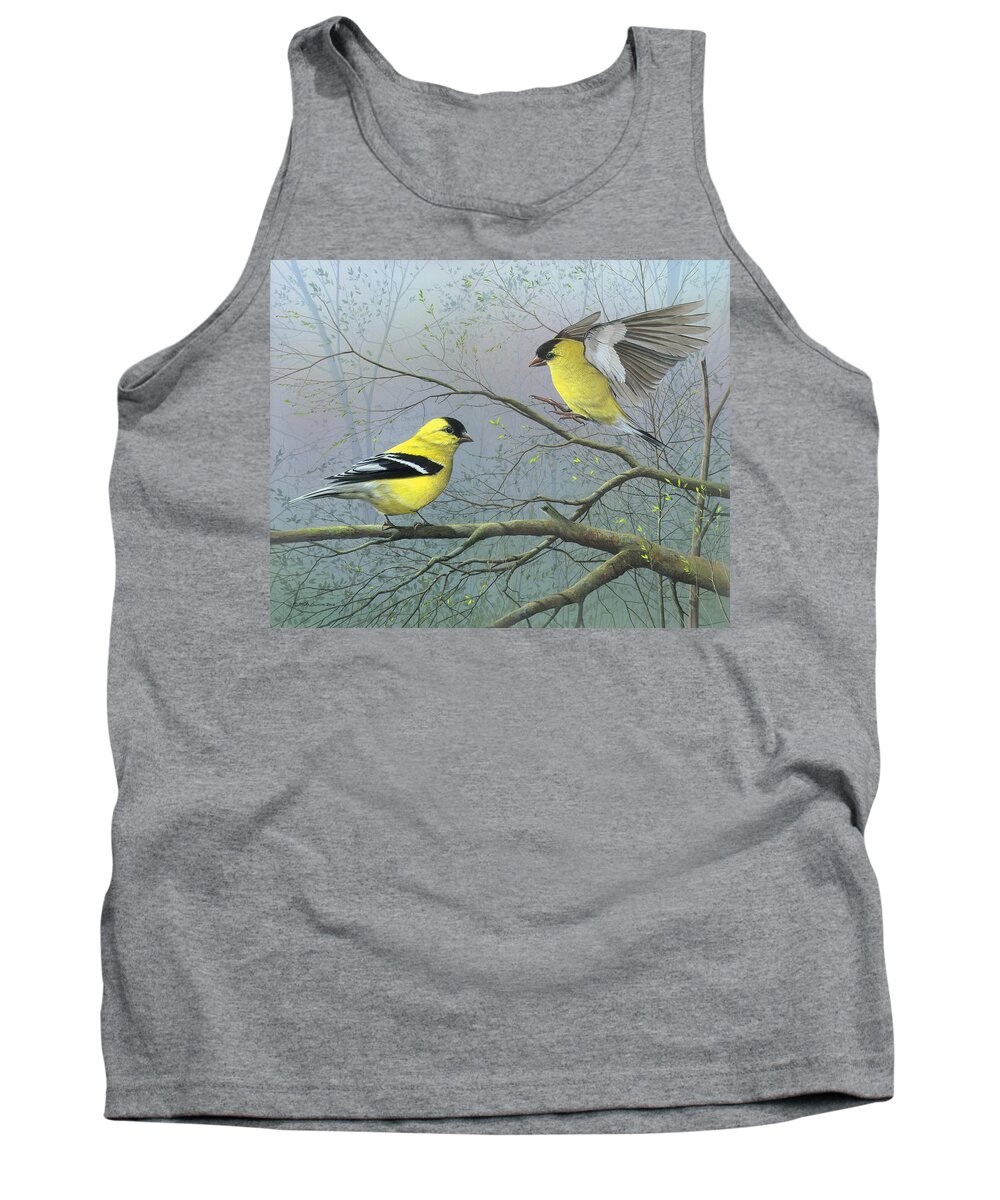 American Goldfinch Tank Top featuring the painting Greetings My Friend by Mike Brown