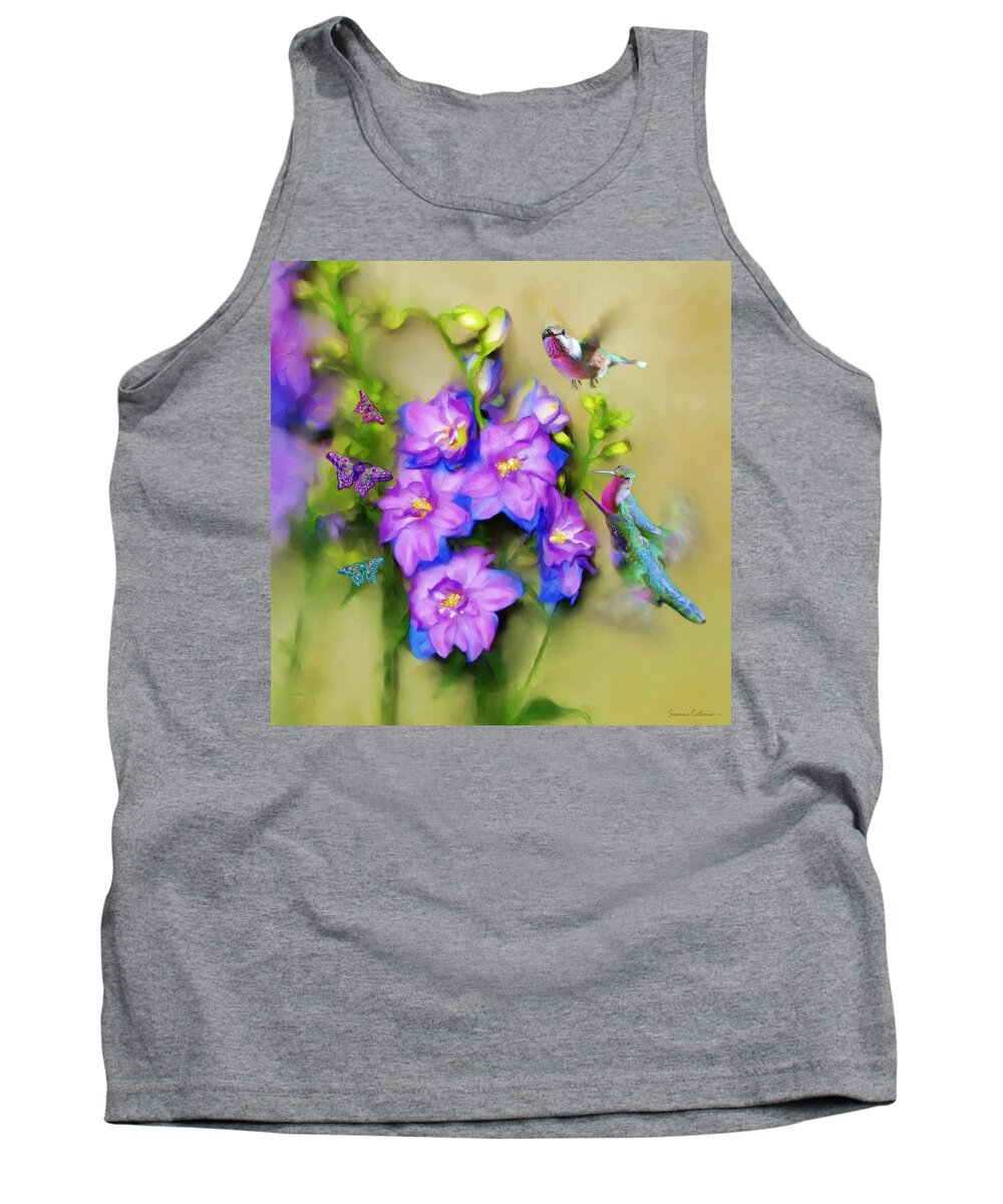 Print Of Birds Tank Top featuring the painting Hummingbirds Butterflies And Flowers by Susanna Katherine