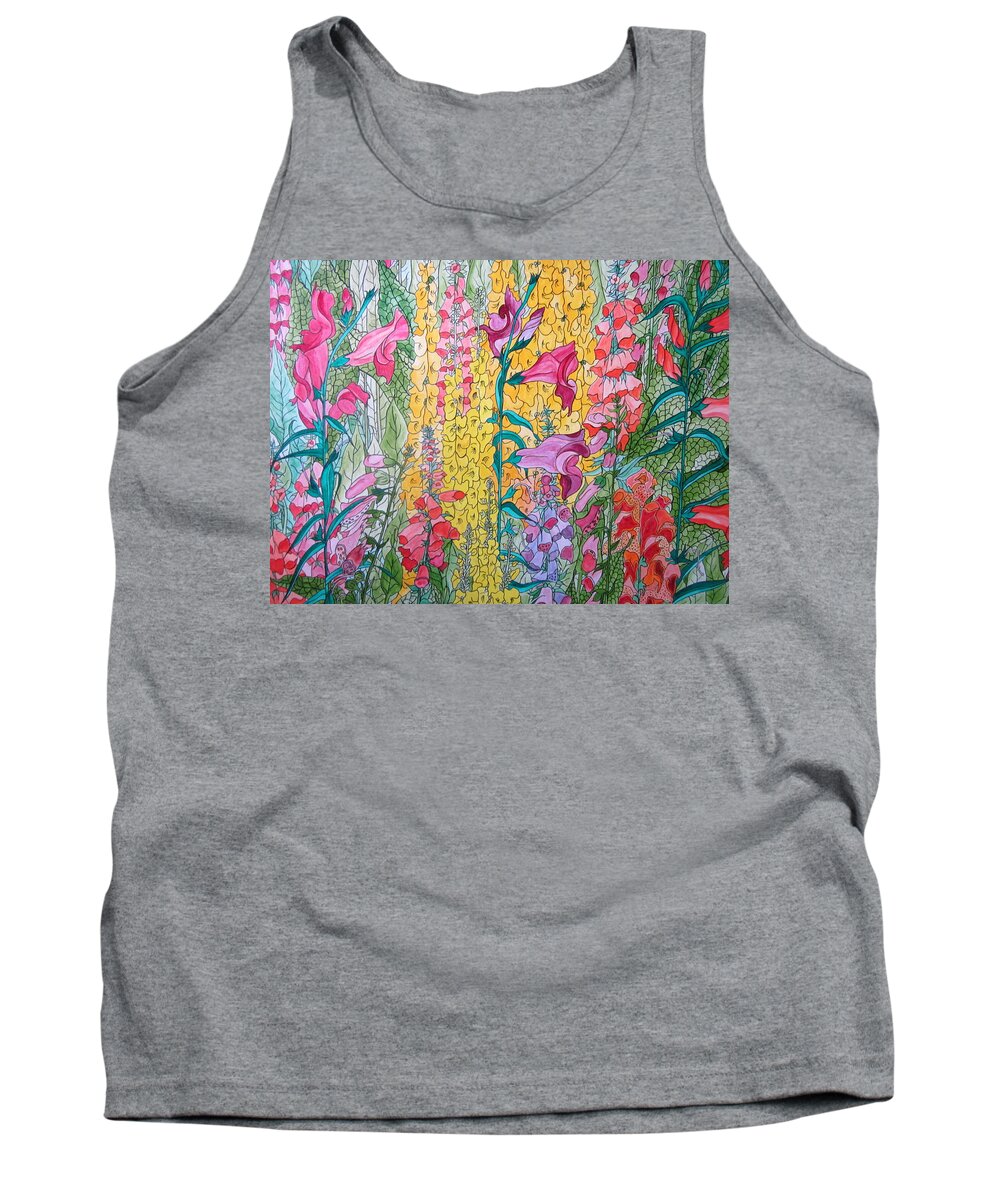 A Bunch Of Snapdragons In A Field ....a Lovely Joy For Your Eyshybrids Flowerbed Tank Top featuring the painting Hybrids 4 by Rosita Larsson