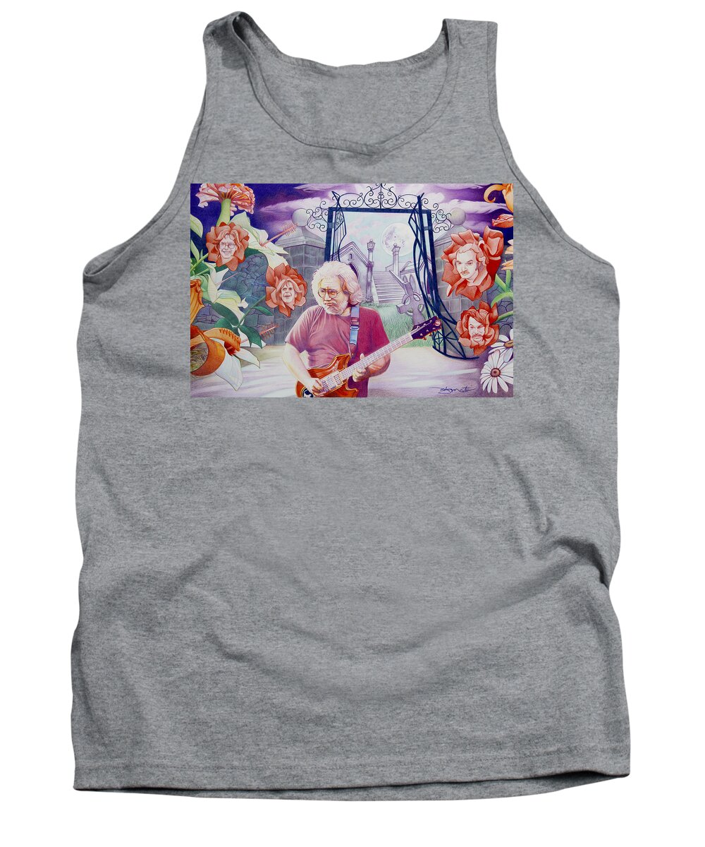 Jerry Garcia Tank Top featuring the drawing Jerry Garcia-American Beauty by Joshua Morton