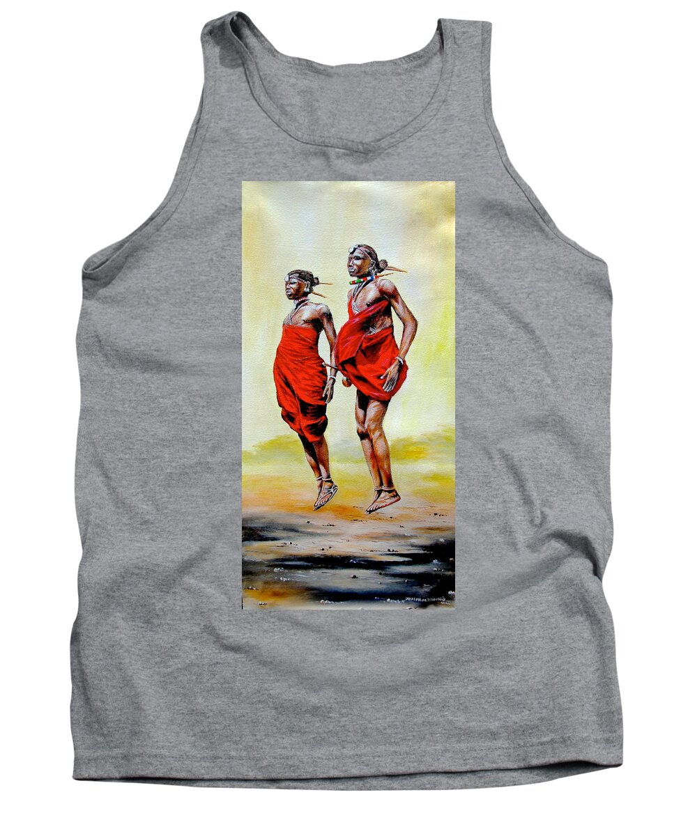 African Paintings Tank Top featuring the painting Jumping Maasai by Joseph Thiongo