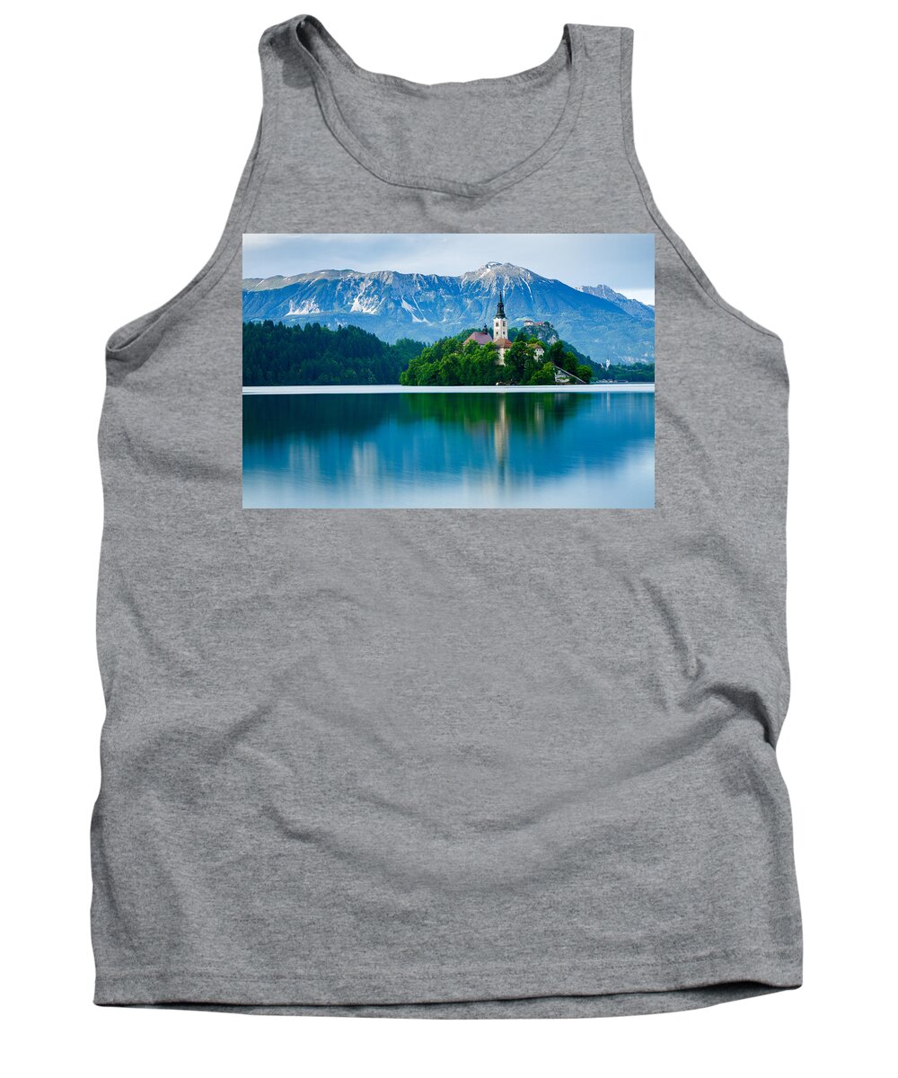 Bled Tank Top featuring the photograph Lake Bled Island church by Ian Middleton