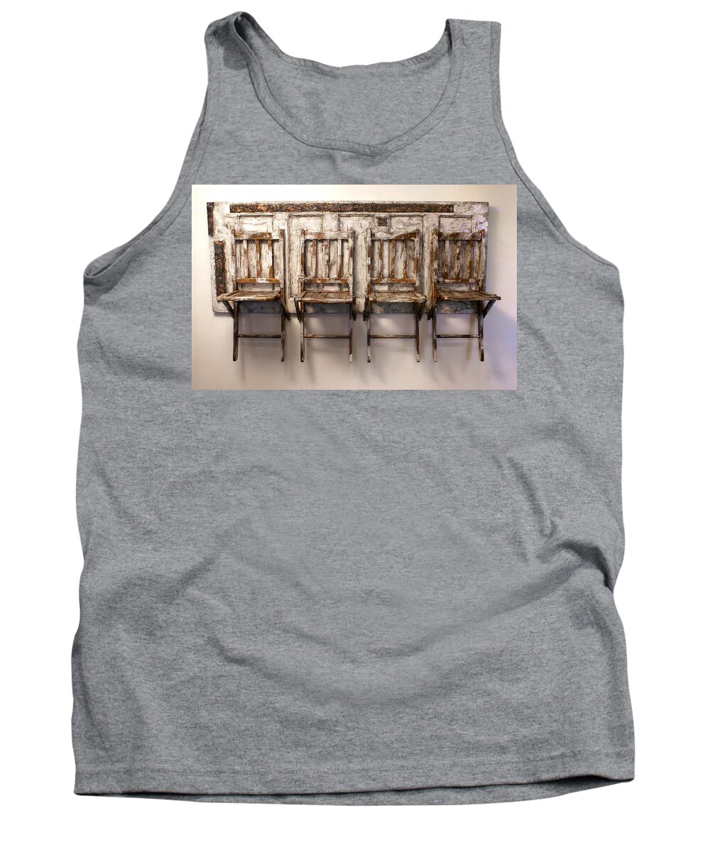 Old Chairs Tank Top featuring the sculpture Long Wait by the Door by Christopher Schranck