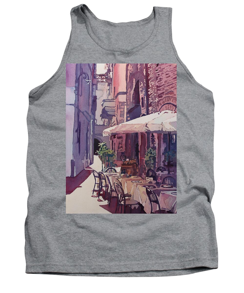Lucca Tank Top featuring the painting Lucca Cafe by Jenny Armitage