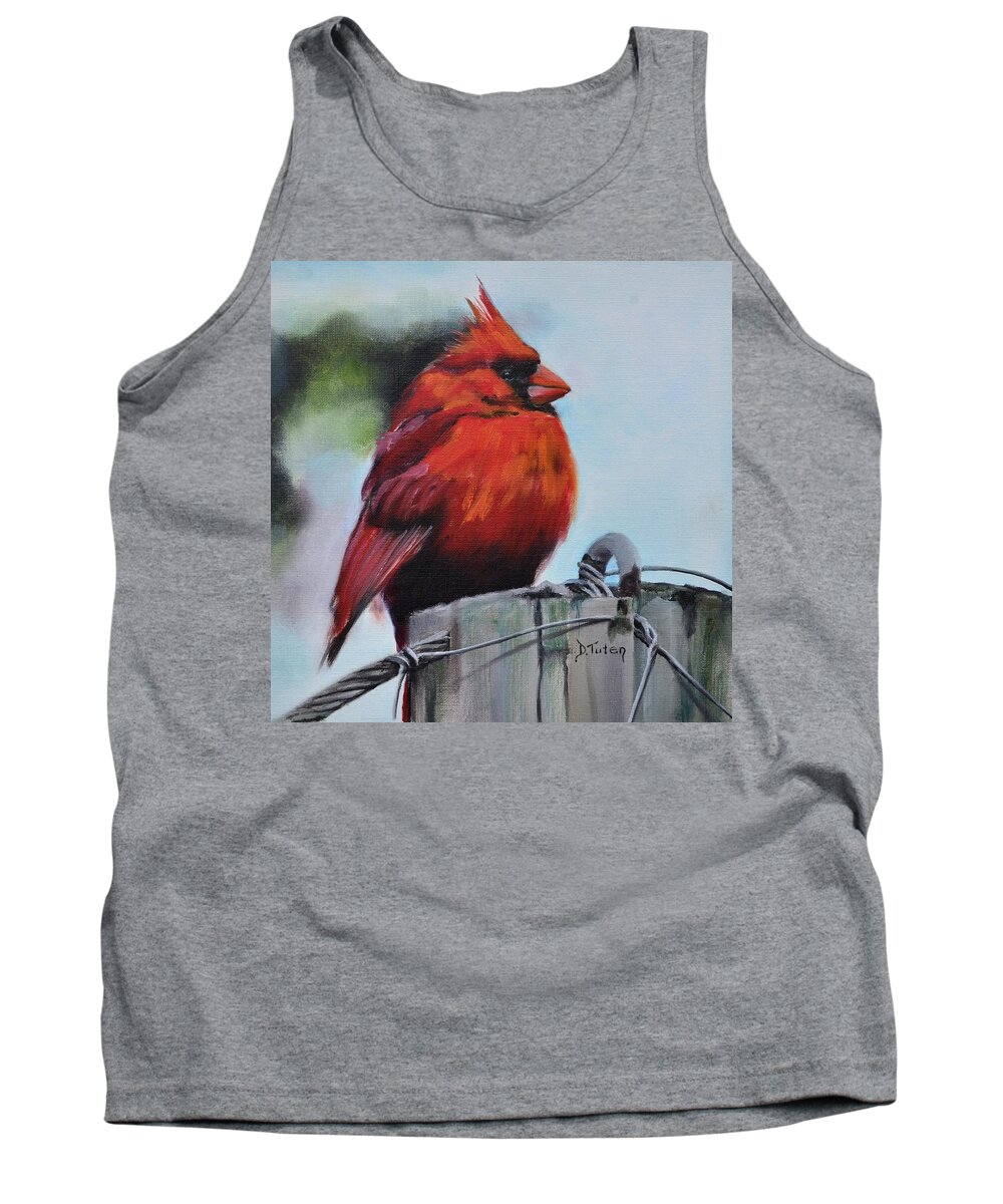 Cardinal Tank Top featuring the painting Male Cardinal on Post by Donna Tuten