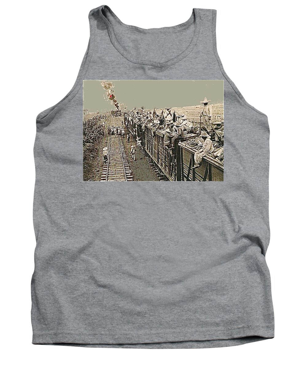 Mexican Rebels Traveling By Train Smoke In The Distance No Known Location Or Date Tank Top featuring the photograph Mexican rebels traveling by train smoke in the distance no known location or date-2013. by David Lee Guss