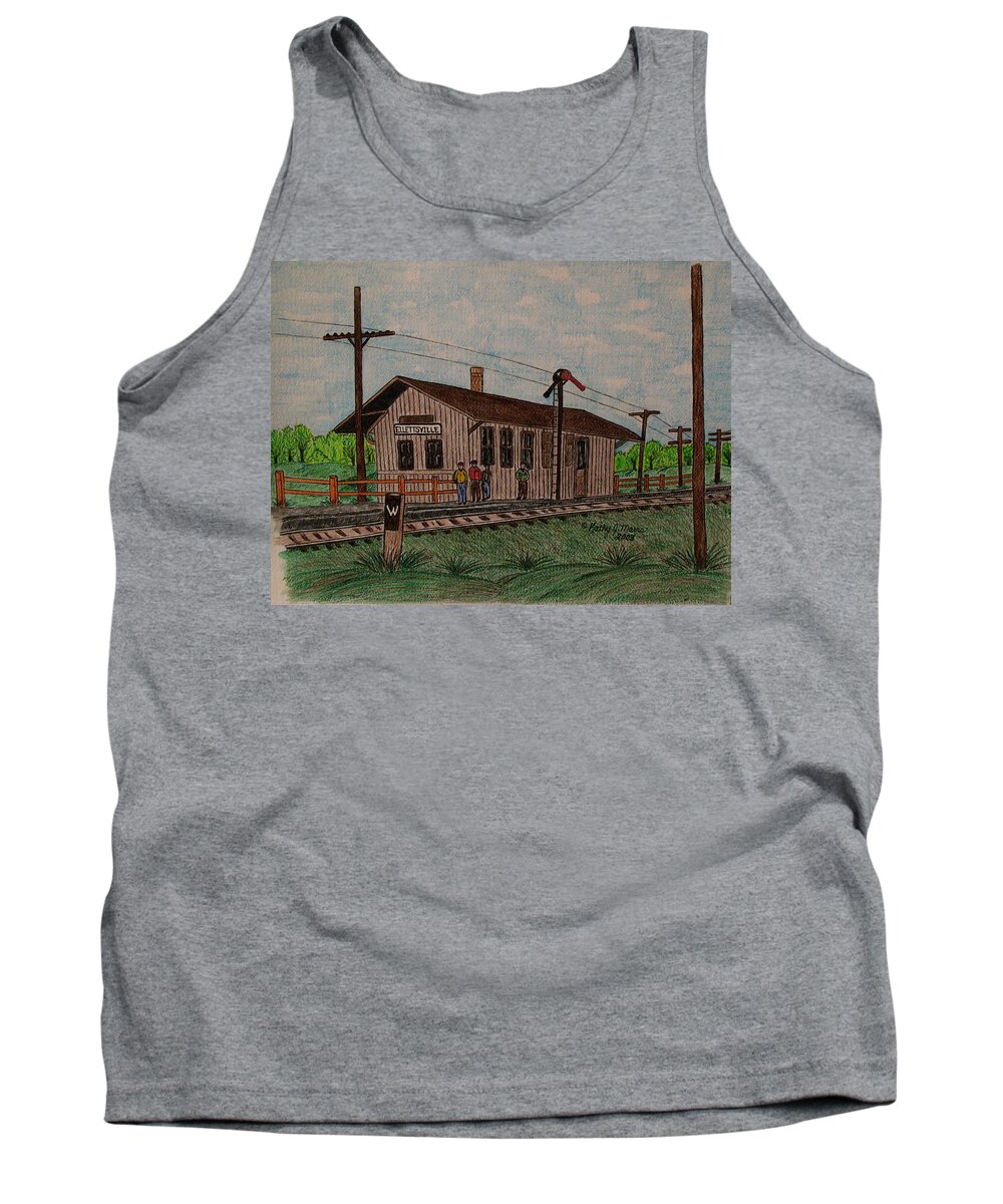 Monon Tank Top featuring the painting Monon Ellettsville Indiana Train Depot by Kathy Marrs Chandler
