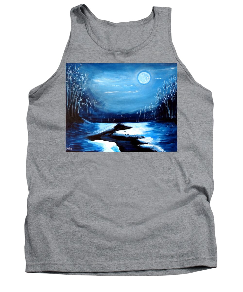 Moon Tank Top featuring the painting Moon Snow Trees River Winter by Katy Hawk