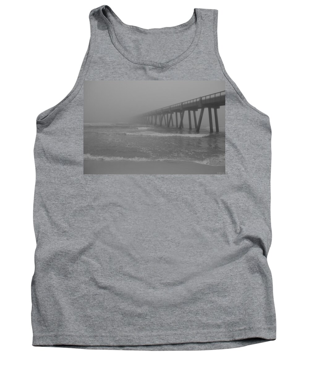 Navarre Tank Top featuring the photograph Navarre Pier Disappears in the BW Fog by Jeff at JSJ Photography
