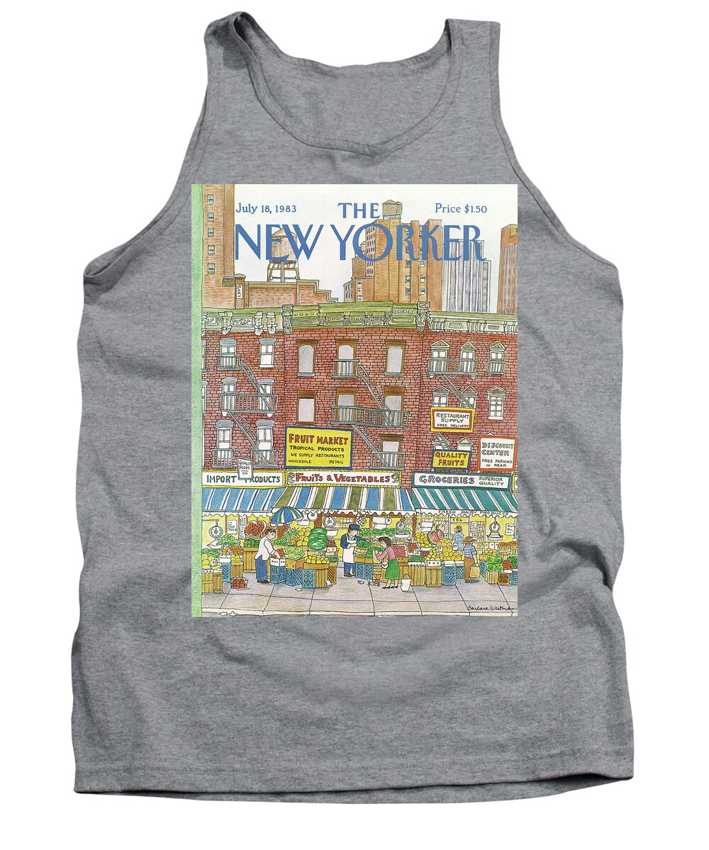 (a Row Of Fruit And Vegetable Markets And Grocery Stores On The Ground Floor Of Brick Buildings With Tall Apartment Buildings And Skyscrapers In The Distance.) New York City Shopping Urban Architecture Food Barbara Westman Bwa Artkey 47368 Tank Top featuring the painting New Yorker July 18th, 1983 by Barbara Westman